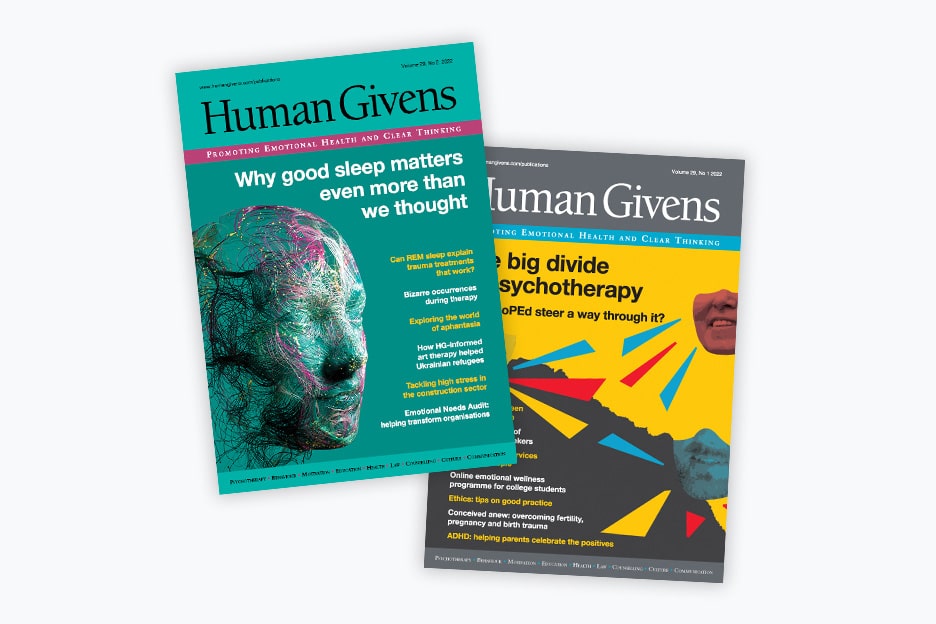 Image of the Human Givens Journal Volume 29 no2 and no1 on a white background