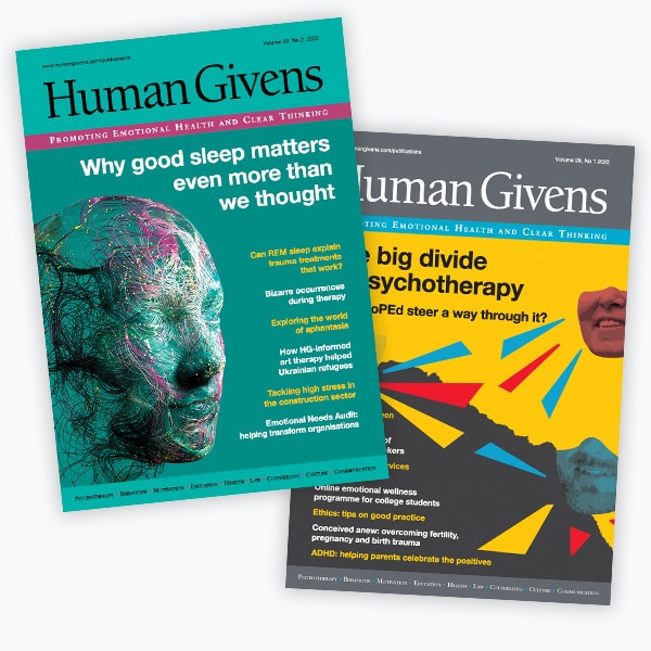 Image of the Human Givens Journal Volume 29 no2 and no1 on a white background