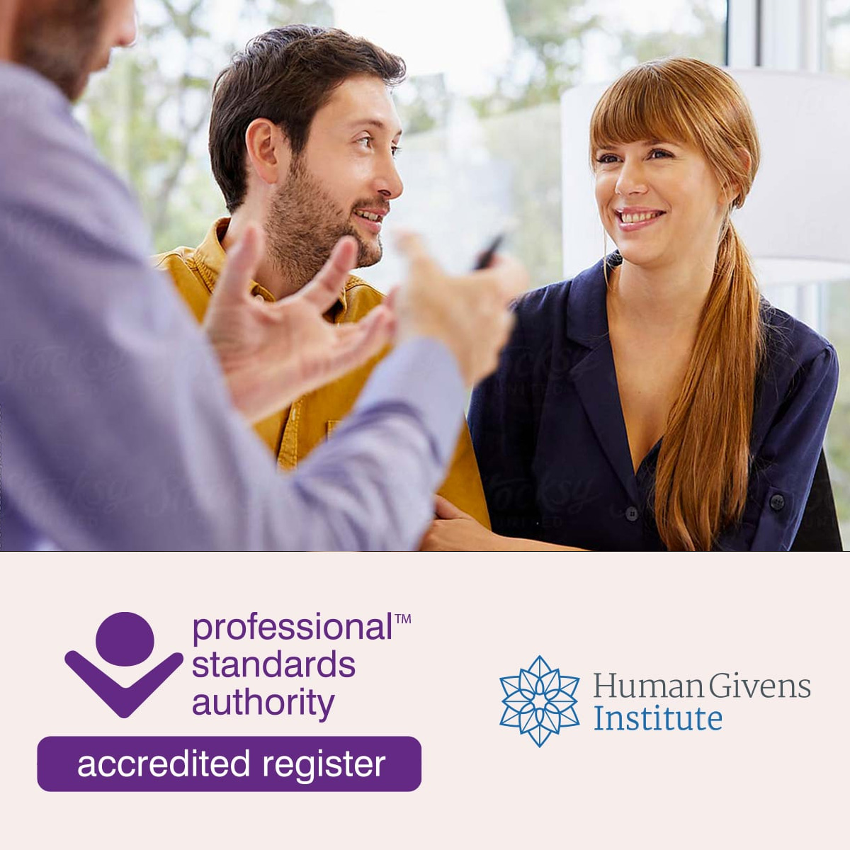 Therapist talking to a couple. PSA and Human Givens Institute logo at the bottom.