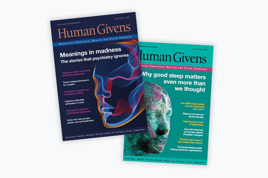 Image of the Human Givens Journal Volume 20 no1 and Volume 29 no2 on a white background